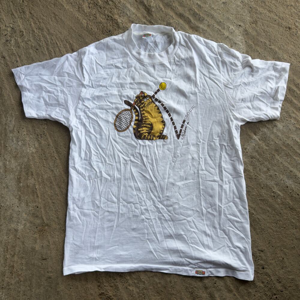 Vintage Kiliban Crazy Shirts HAWAII TENNIS CAT Size LARGE WHITE GRAPHIC 90s